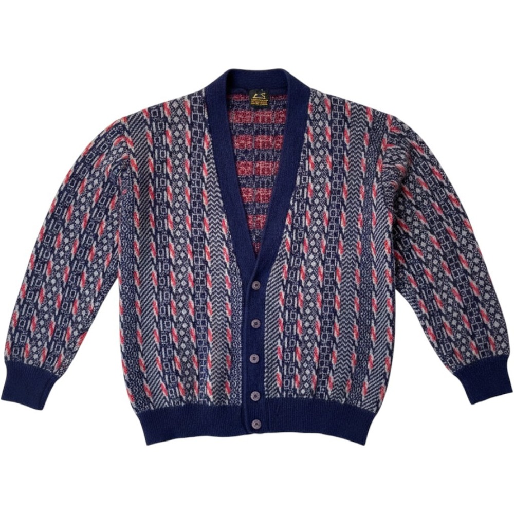Vintage Tower Mar Del Plata Mens Geometric Knit Cardigan Sweater Navy Blue Red